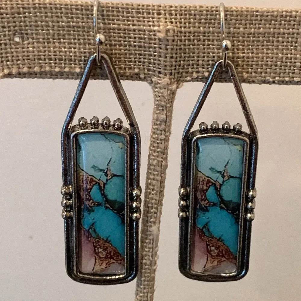 Western Marbled Kingman Style Rectangle Drop Earrings - Turquoise and Brown Colo